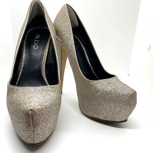 Aldo Gold Glitter Platforms Ultra High Heel Platform Sparkle Shoe Size 7